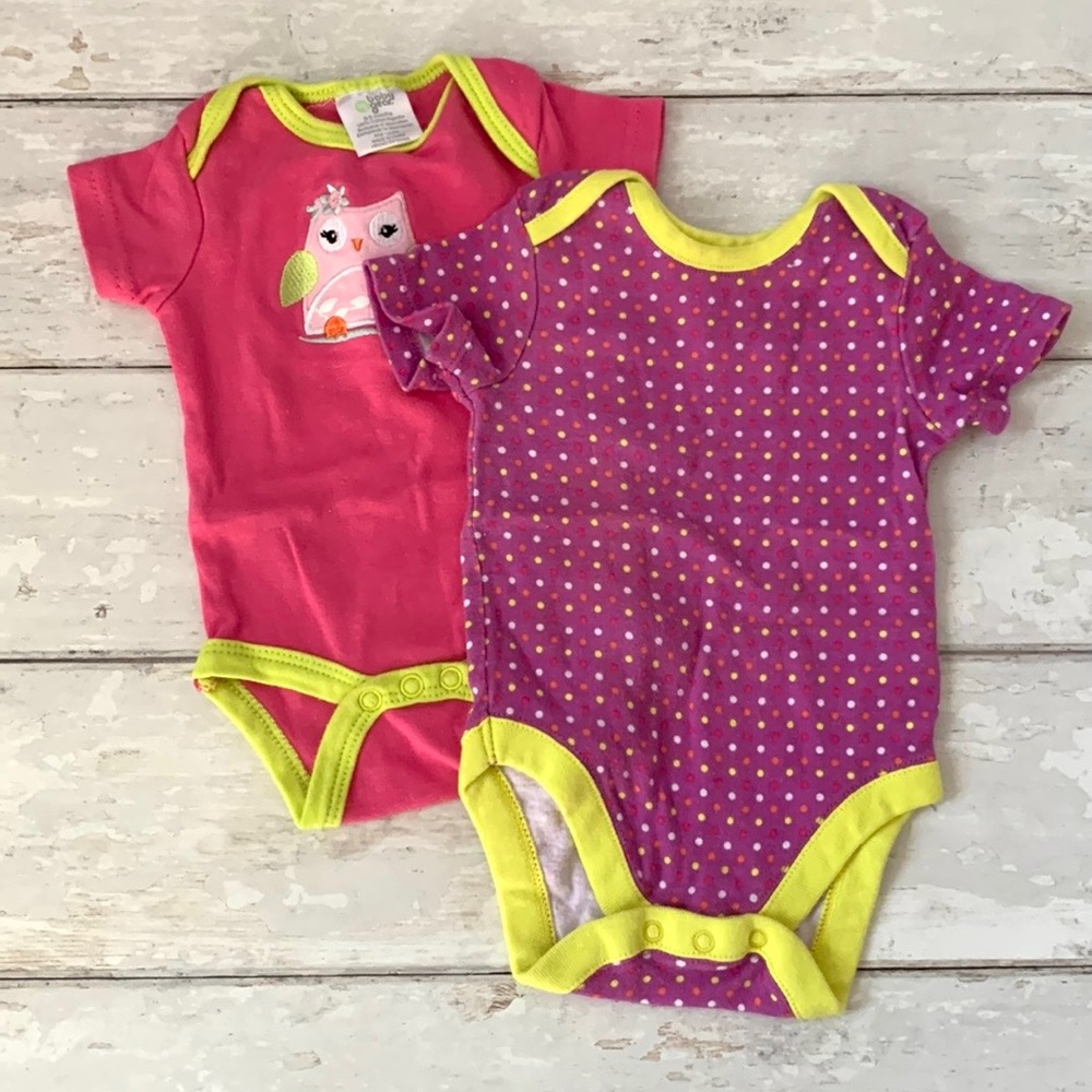 Baby Girl 0-3m Onesies Set of 2 Newborn 3m Purple Polka Dots Pink Owl Bodysuits